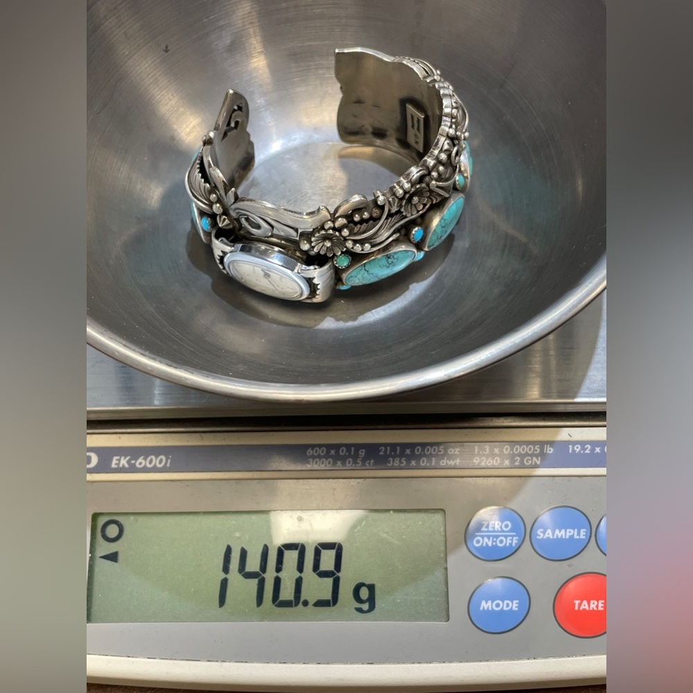 Native American Sterling Silver Turquoise Decorative Bangle Bracelet Watch - Picture 10 of 15